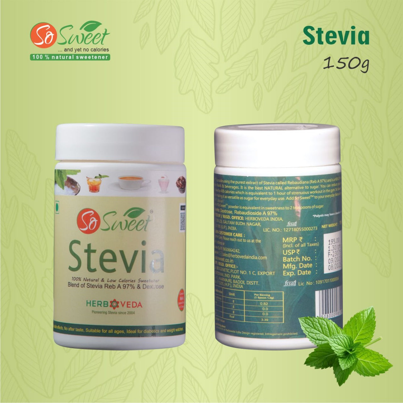 So Sweet Stevia Sugar Free100% Natural Sweetener 150gm | Low Calorie from Stevia | Taste Like Sugar & Safe for Diabetics