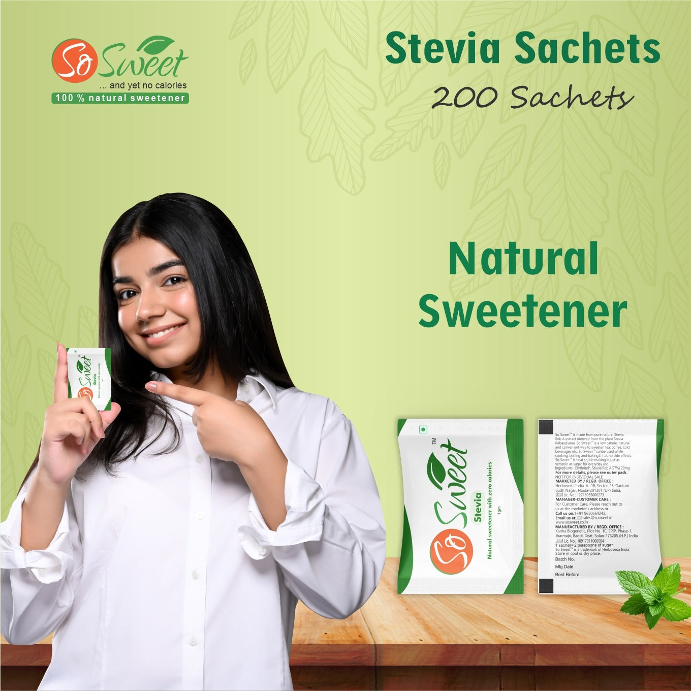 So Sweet Stevia Sachets Sugar Free Natural Low Calorie Sweetener -200 Sachets