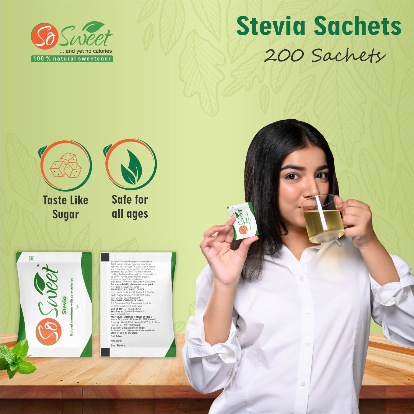 So Sweet Stevia Sachets Sugar Free Natural Low Calorie Sweetener -200 Sachets