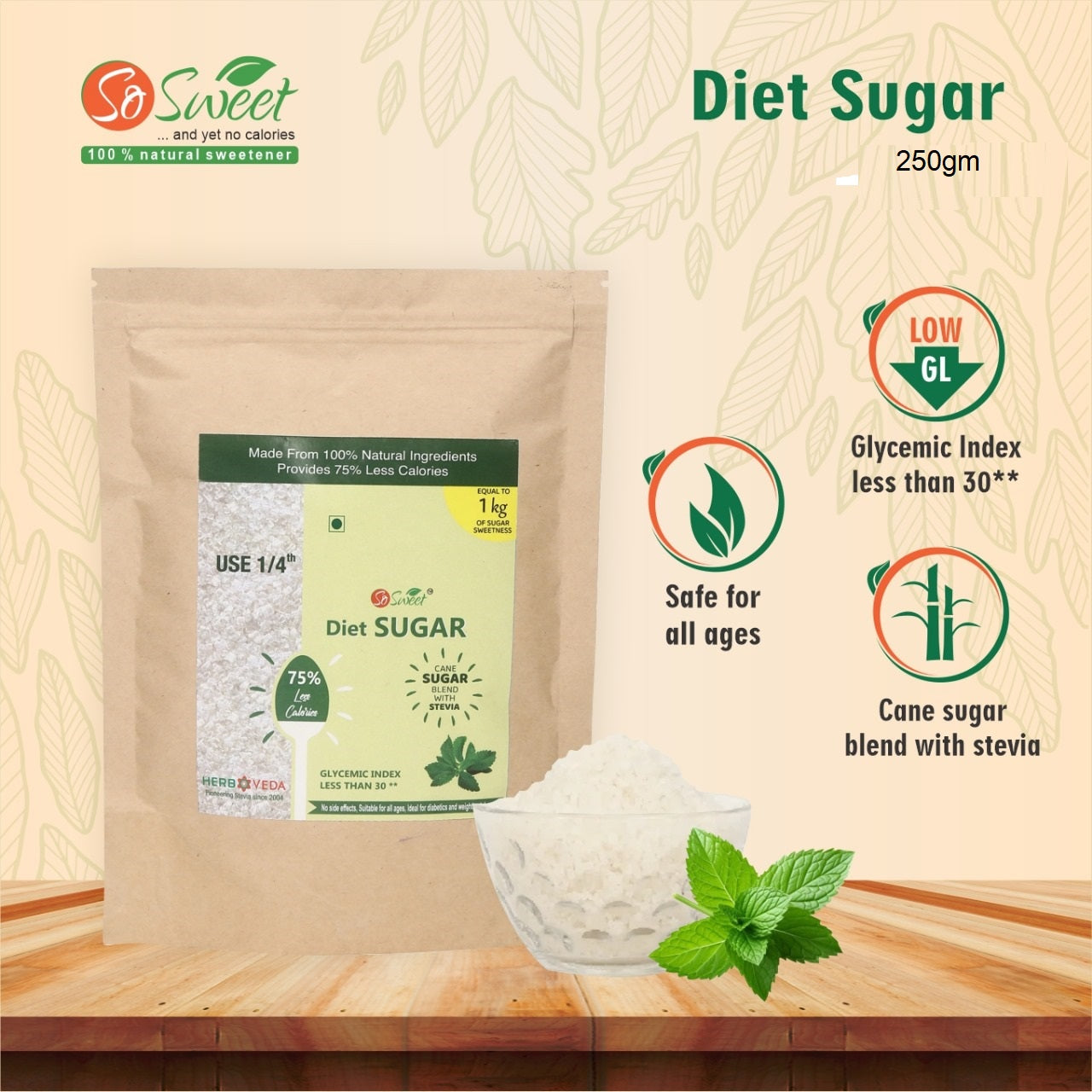 So Sweet Sugar Blended with Stevia 75% Less Calories Diet Sugar | Tastes Like Sugar | Safe for all ages 250 gm (Pack of 5)