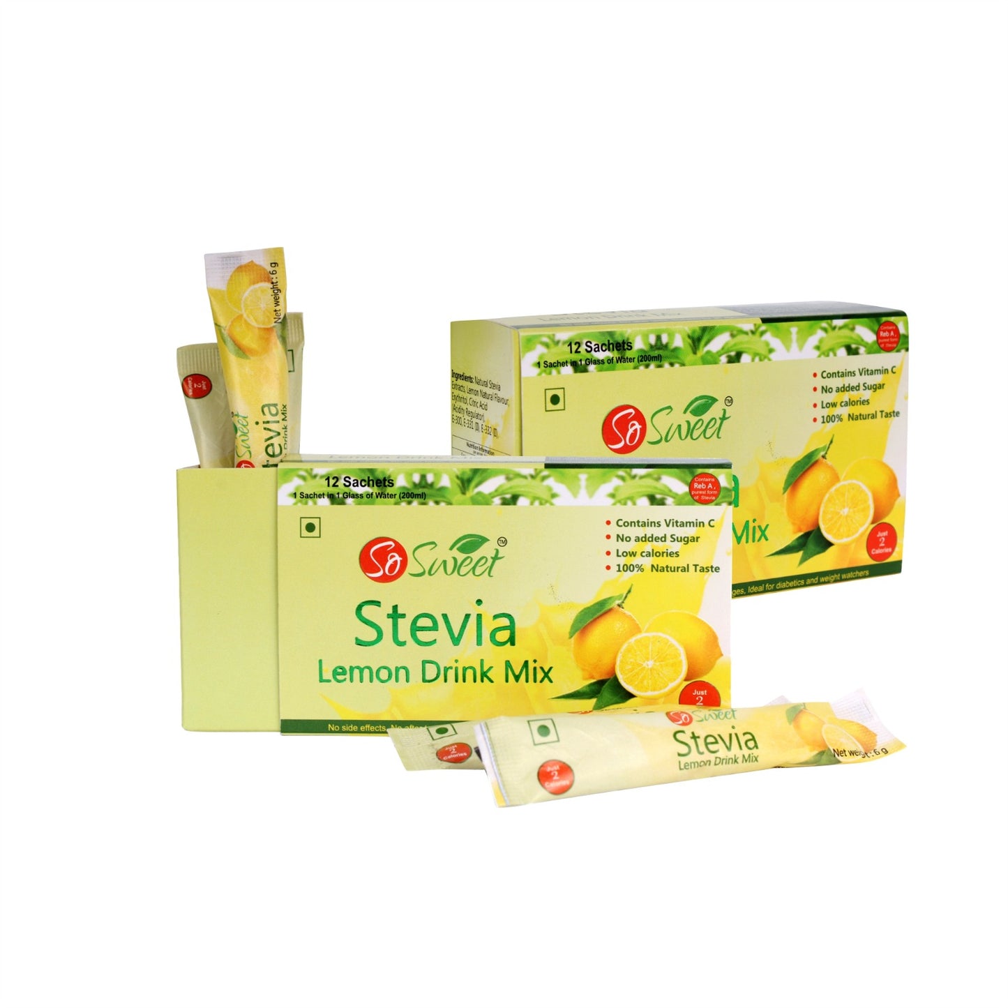 Stevia Sugar Free Instant Lemon Juice Drink Mix - 12 Sachets-Pack of 2