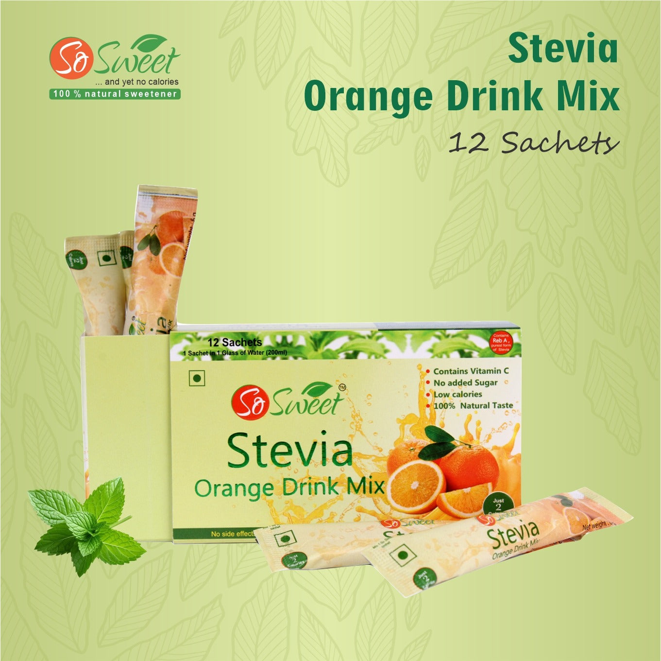 Stevia Sugar Free Instant Orange Drink mix - 12 Sachets-Pack of 3