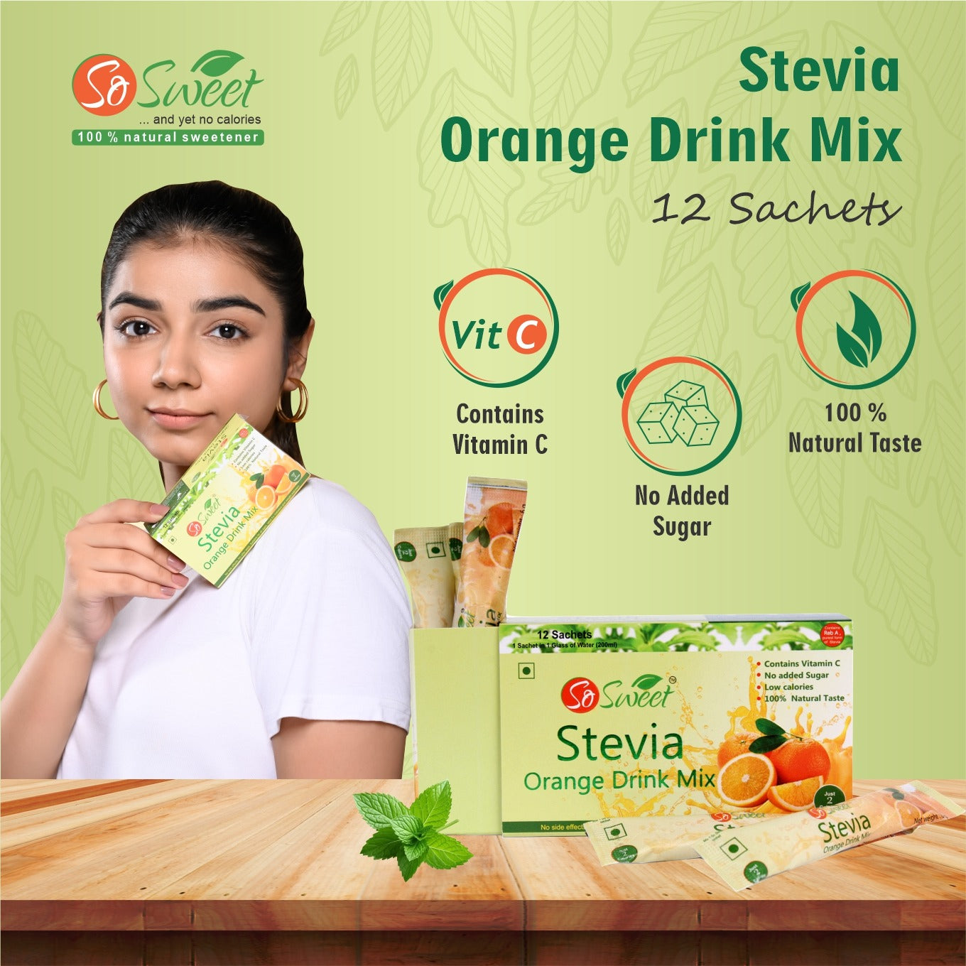 Stevia Sugar Free Instant Orange Drink mix - 12 Sachets-Pack of 3