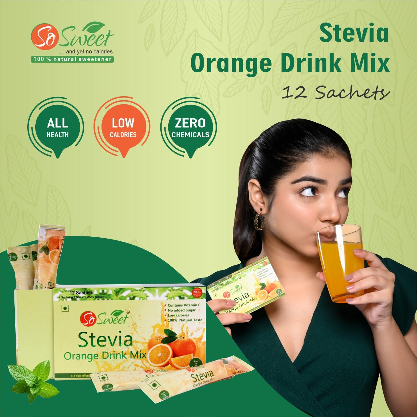 Stevia Sugar Free Instant Orange Drink mix - 12 Sachets-Pack of 3