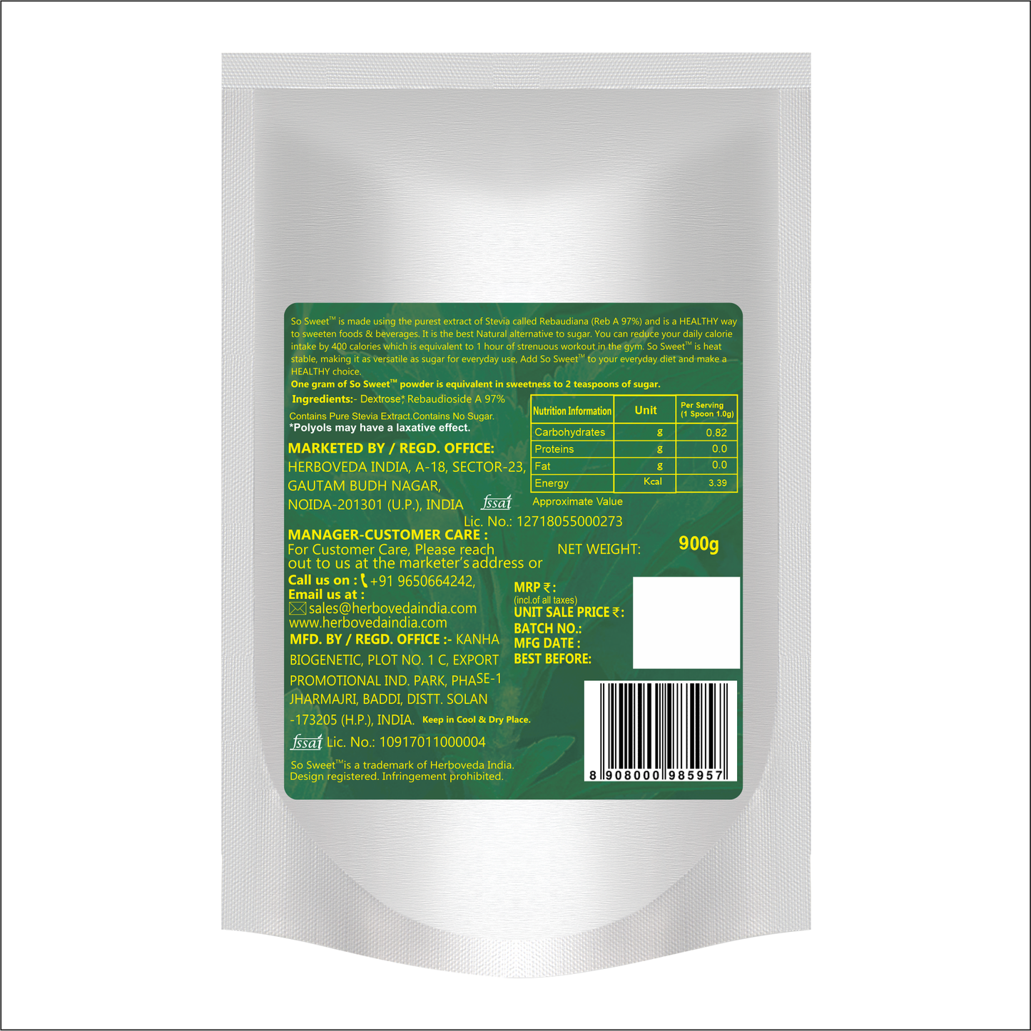 Stevia Dextrose Powder-900gm - Pack of 2