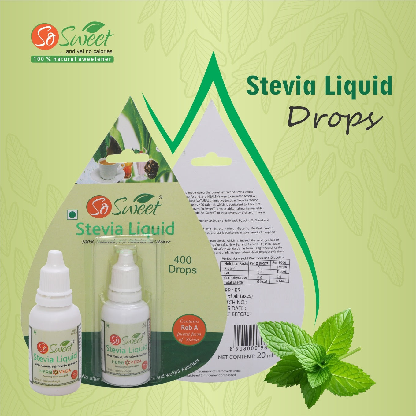 So sweet Stevia Liquid Sugar Free Natural Zero Calorie Sweetener (Pack of 4, 1600 Drops - 400 Drops Each)