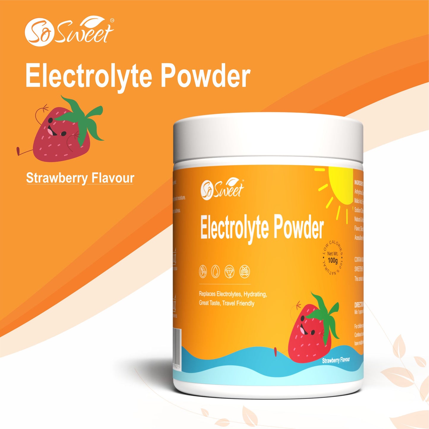 So Sweet Electrolyte Strawberry Energy Drink Mix Powder Instant Hydration, Low Calorie | Sodium, Potassium |100g