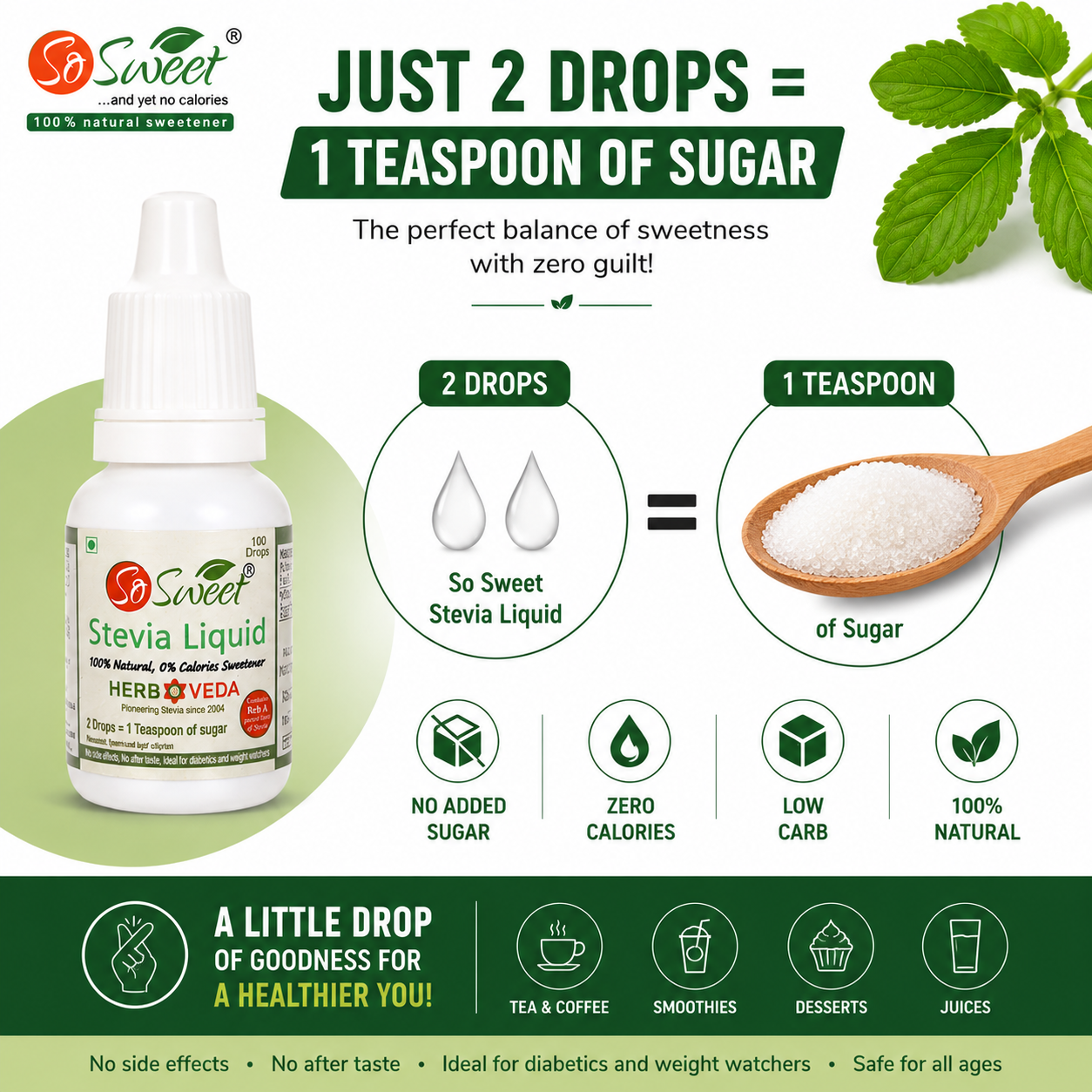 So Sweet Stevia Liquid Sugar Free 100 Drops - 5ml | Zero Calorie | Diabetic Friendly-Pack of 4