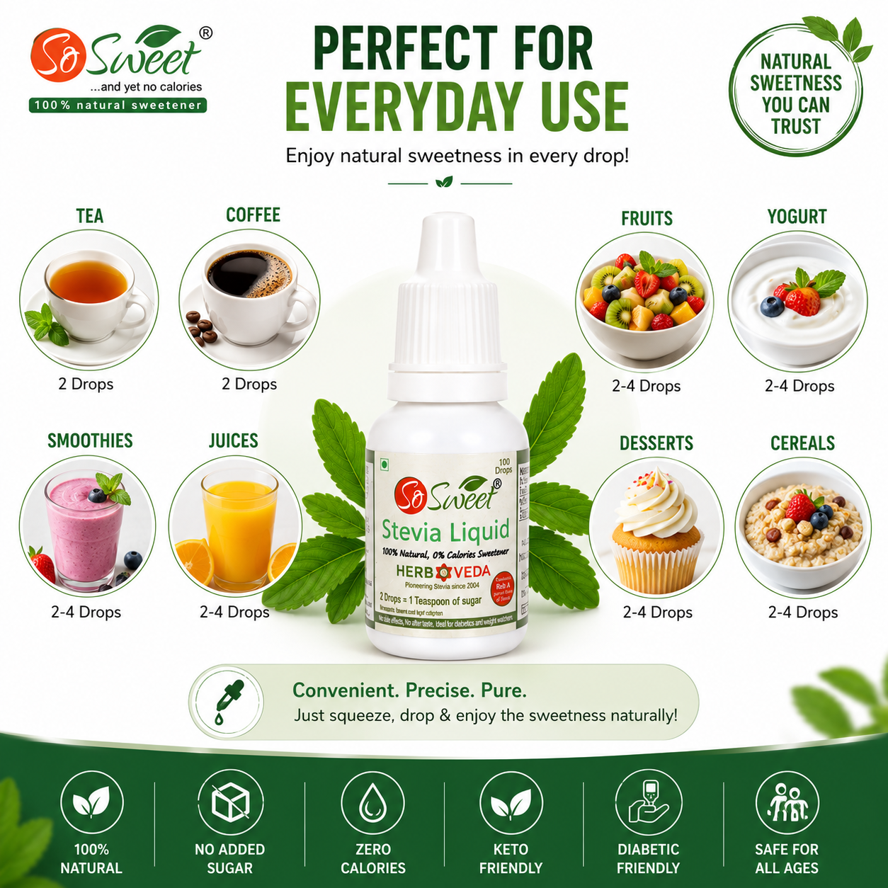 So Sweet Stevia Liquid Sugar Free 100 Drops - 5ml | Zero Calorie | Diabetic Friendly-Pack of 4