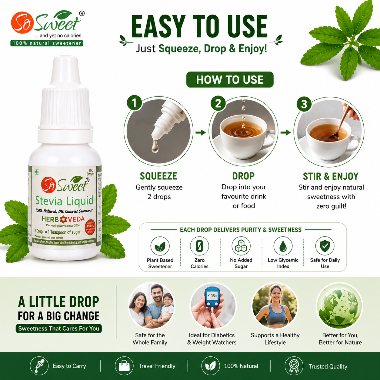 So Sweet Stevia 100 Tablets + 300 Liquid Drops – Zero Calorie Natural Sweetener Pack of 4