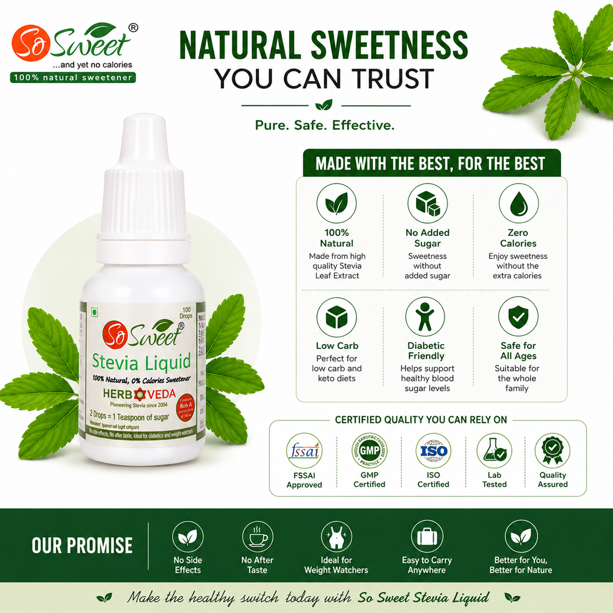 So Sweet Stevia Liquid Sugar Free 100 Drops - 5ml | Zero Calorie | Diabetic Friendly-Pack of 4