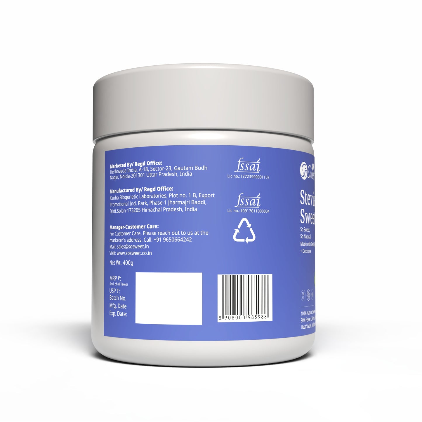 So Sweet Stevia Sugar Free Natural Low Calories Sweetener 100% Natural 400Gm | Diebetic Friendly