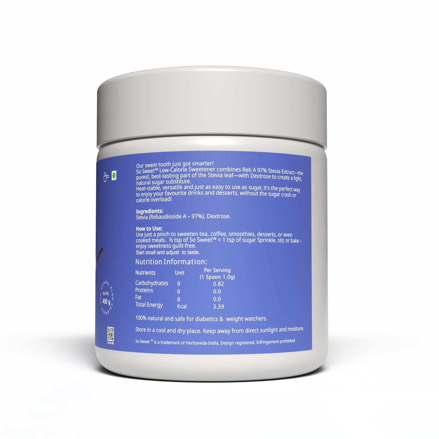 Stevia Sugar Free Natural Low Calories Sweetener 100% Natural 400Gm | Diebetic Friendly Pack of  2 -So Sweet