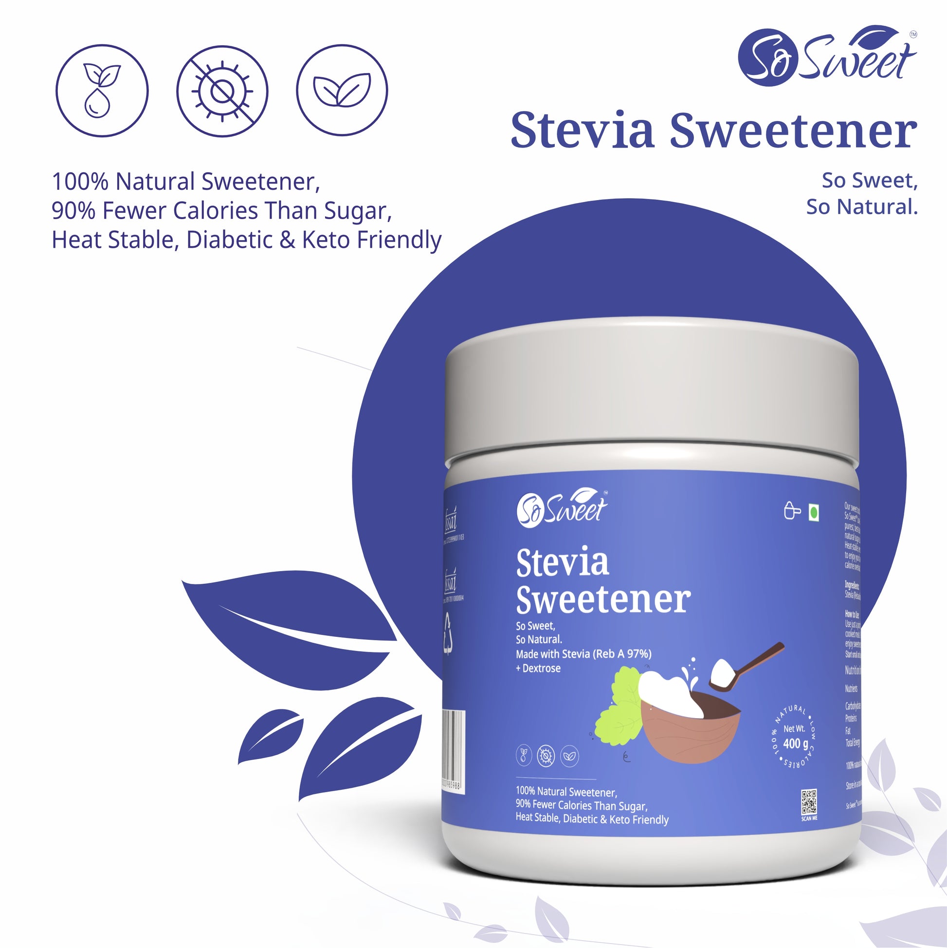Stevia Sugar Free Natural Low Calories Sweetener 100% Natural 400Gm | Diebetic Friendly  Pack of  5-So Sweet
