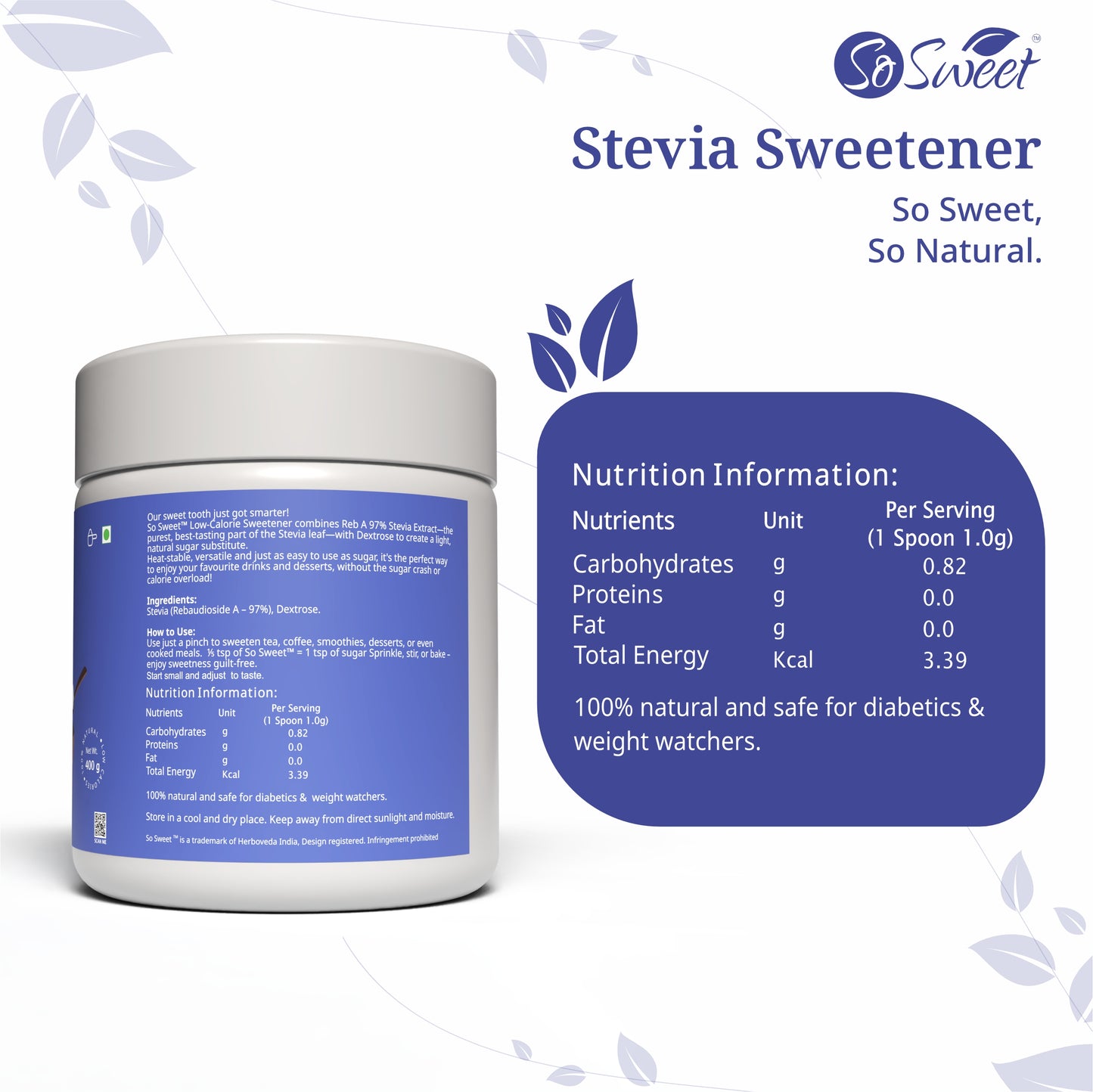 Stevia Sugar Free Natural Low Calories Sweetener 100% Natural 400Gm | Diebetic Friendly Pack of 6-So Sweet

