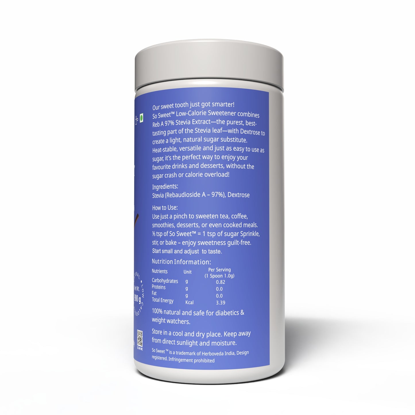 So Sweet Stevia Powder 100% Natural Low Calories Sugar Free Sweetener 900gm- Pack of 4