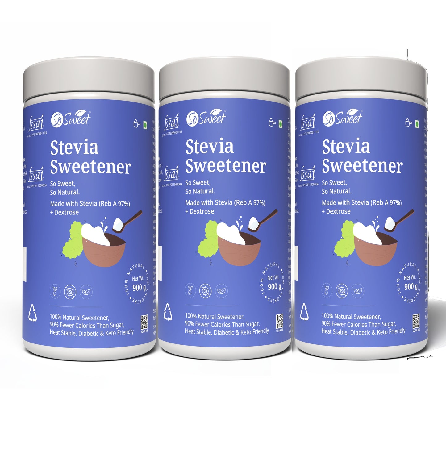 So Sweet Stevia Powder 100% Natural Low Calories Sugar Free Sweetener 900gm-Pack of 3