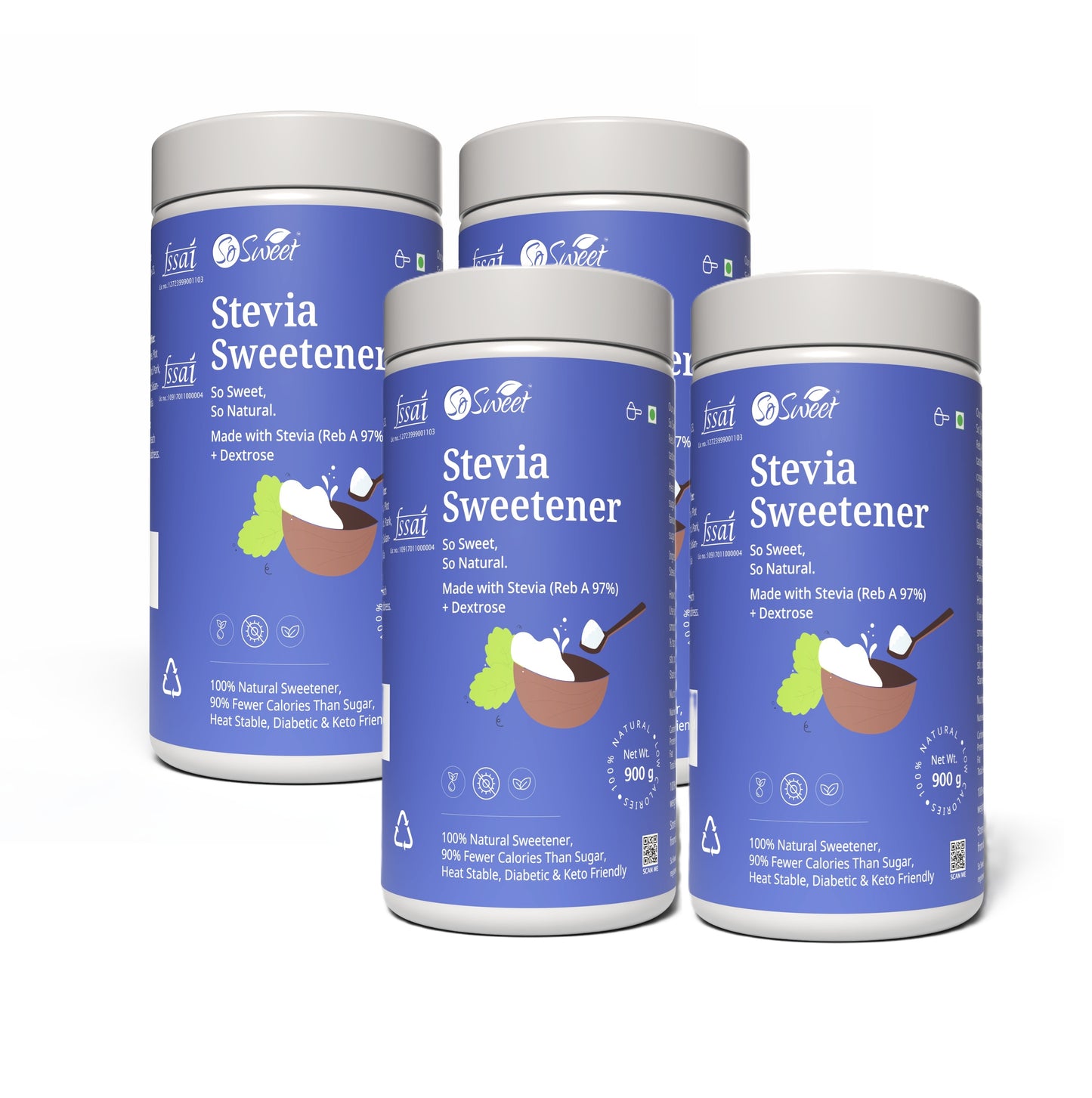 So Sweet Stevia Powder 100% Natural Low Calories Sugar Free Sweetener 900gm- Pack of 4