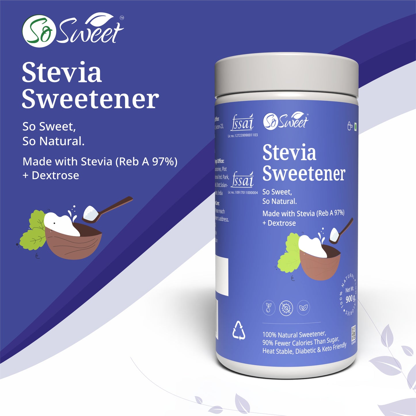 Stevia Powder   100% Natural Low Calories Sugar Free Sweetener -900gm-Pack of 4-So Sweet 

