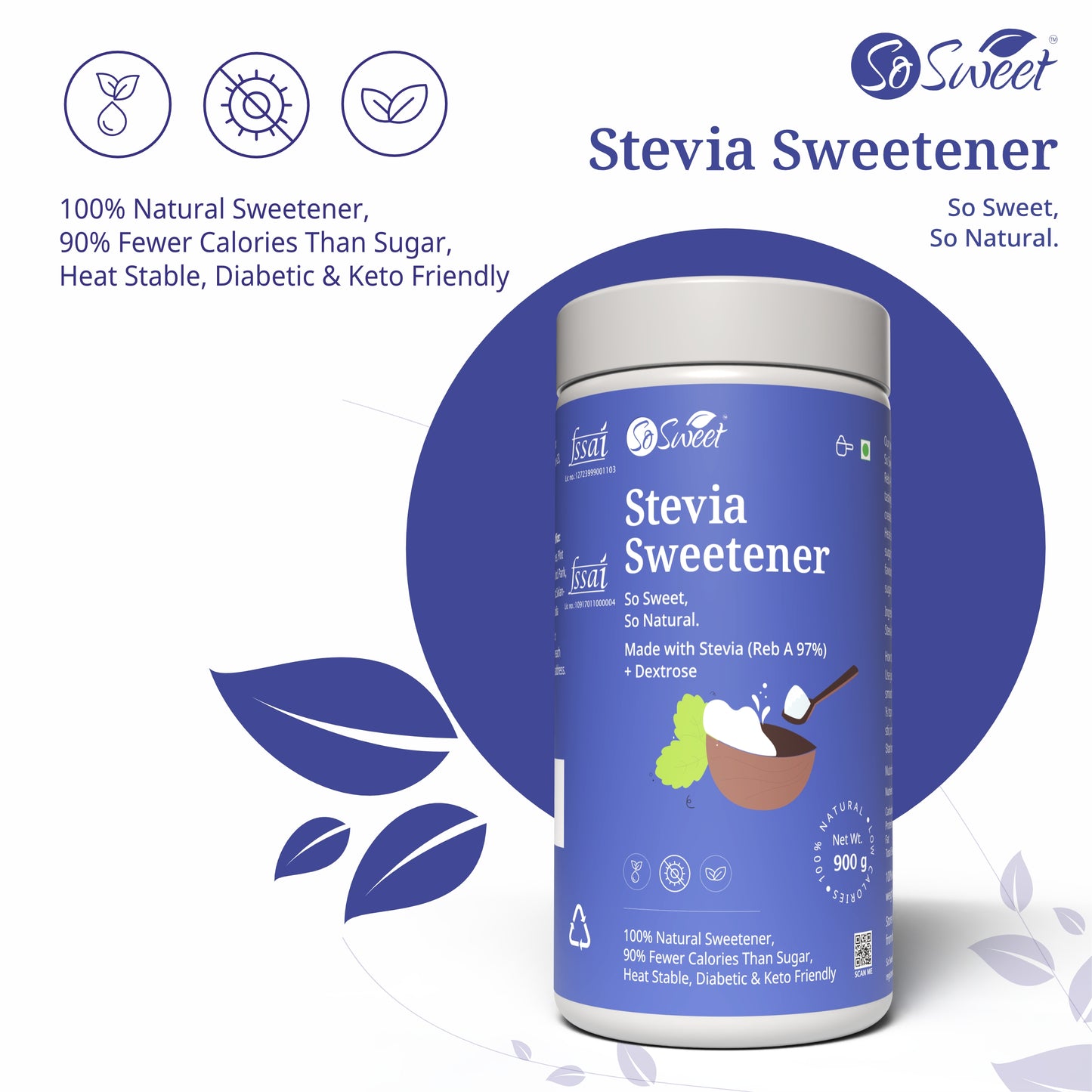 Stevia Powder   100% Natural Low Calories Sugar Free Sweetener -900gm-Pack of 5-So Sweet 
