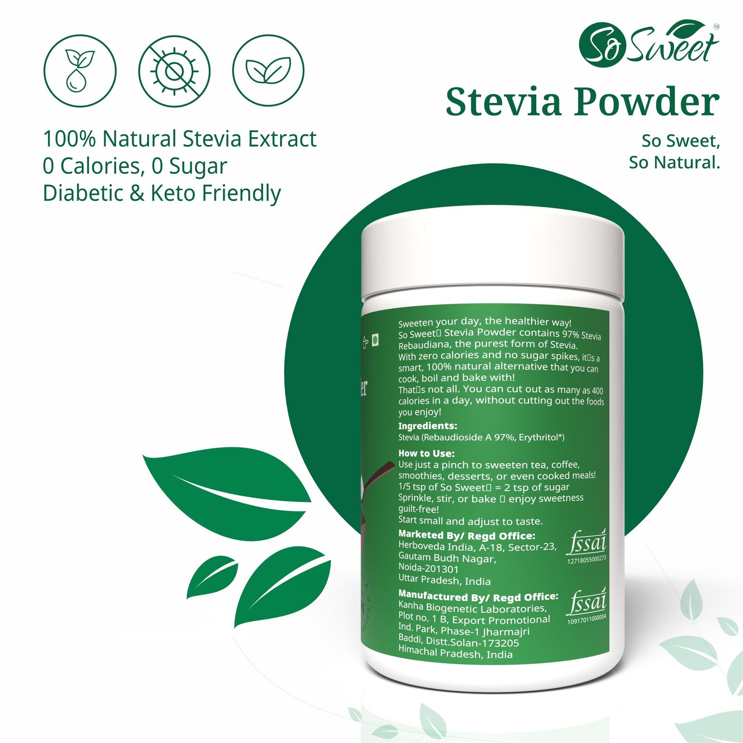 So Sweet Stevia Sugar Free100 %  Natural Zero Calorie Sweetener - 200gm - Keto and Diabetic Friendly | Safe for all ages
