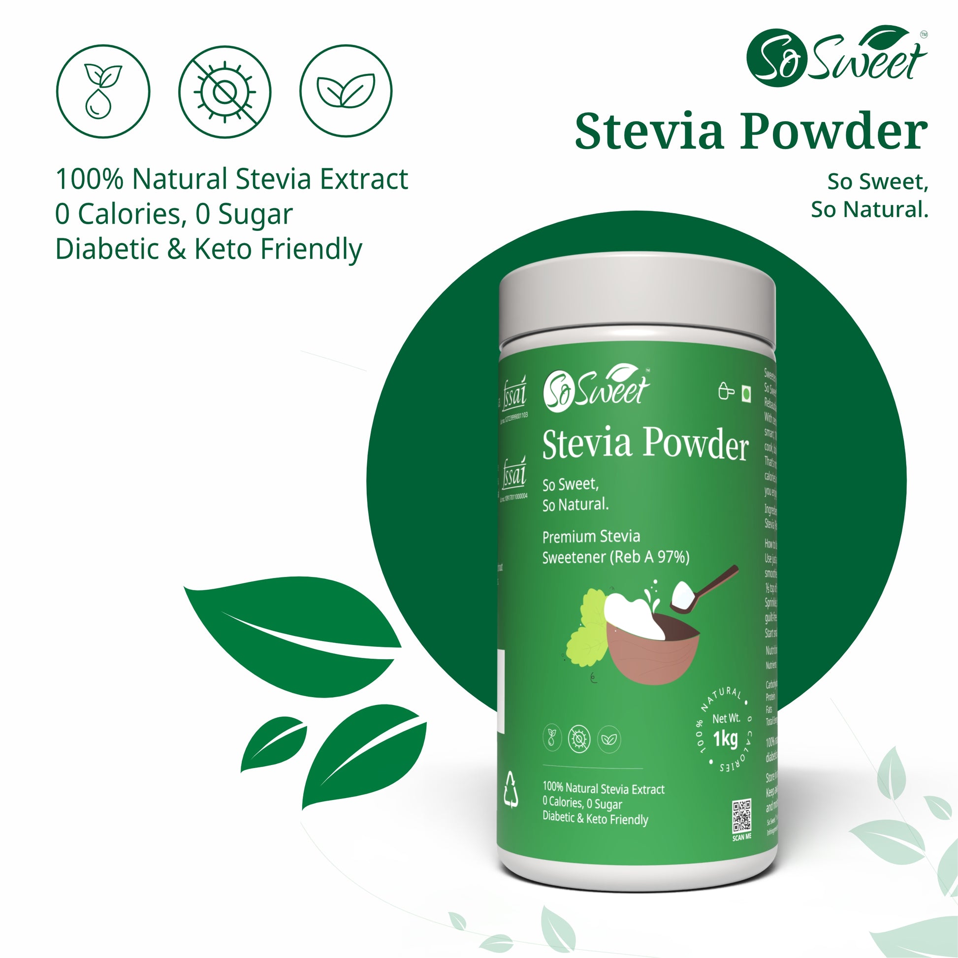 Stevia Powder | Sugar Free100% Natural Sweetener 1kg -Pack of 5-So Sweet