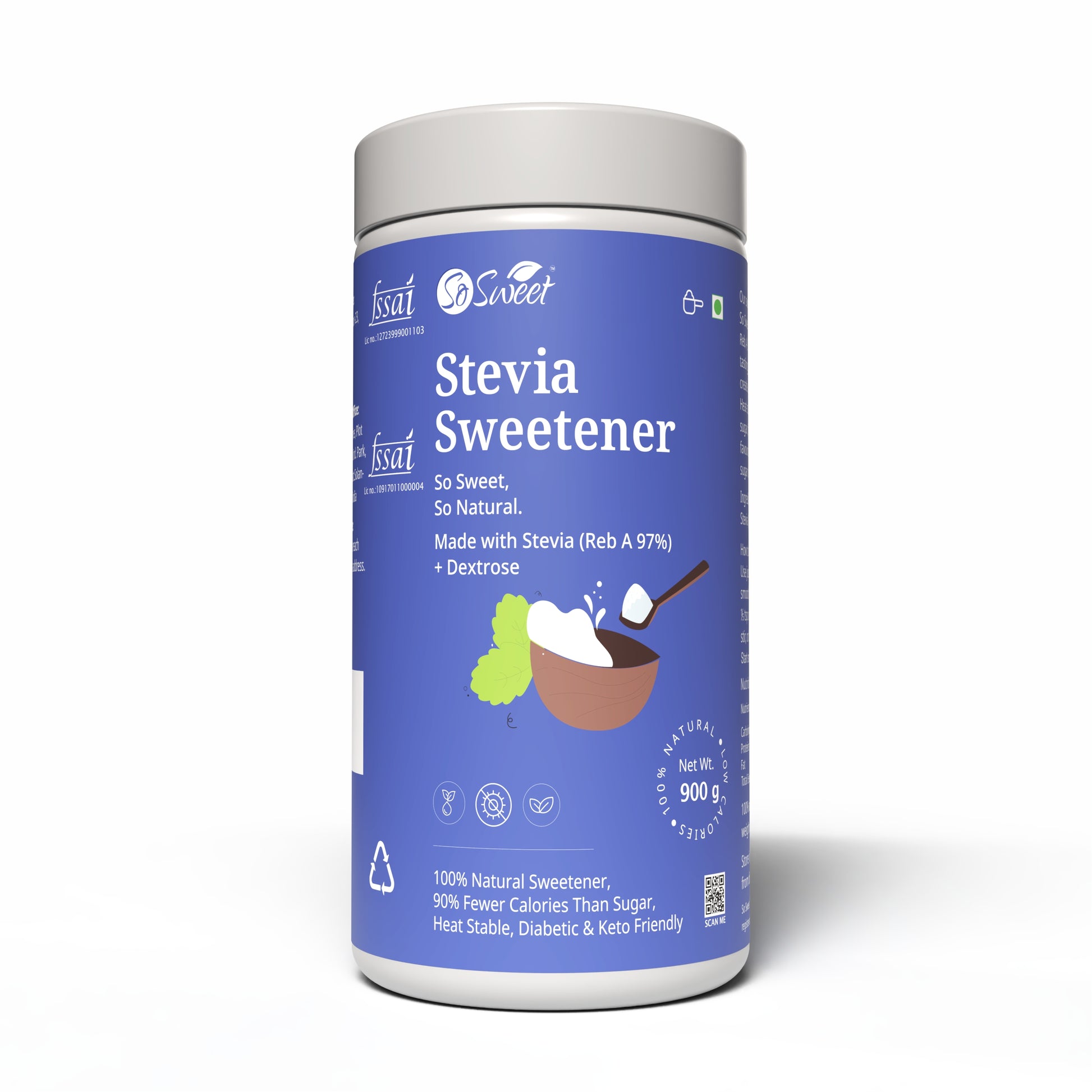 Stevia Powder   100% Natural Low Calories Sugar Free Sweetener -900gm-So Sweet 
