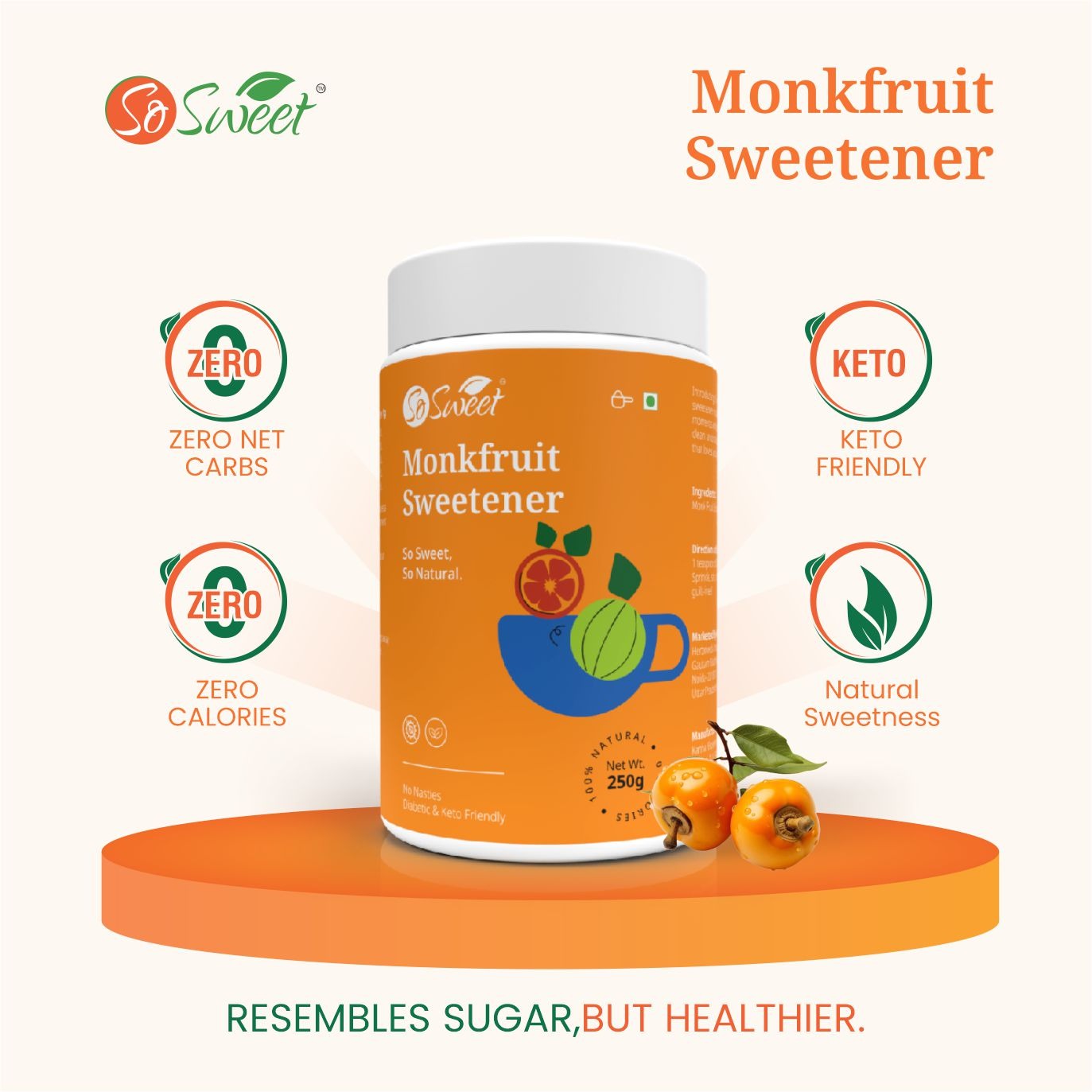 Monk Fruit 100% Natural Zero Calorie Sweetener -250gm -Diabetic & Keto Friendly - So Sweet