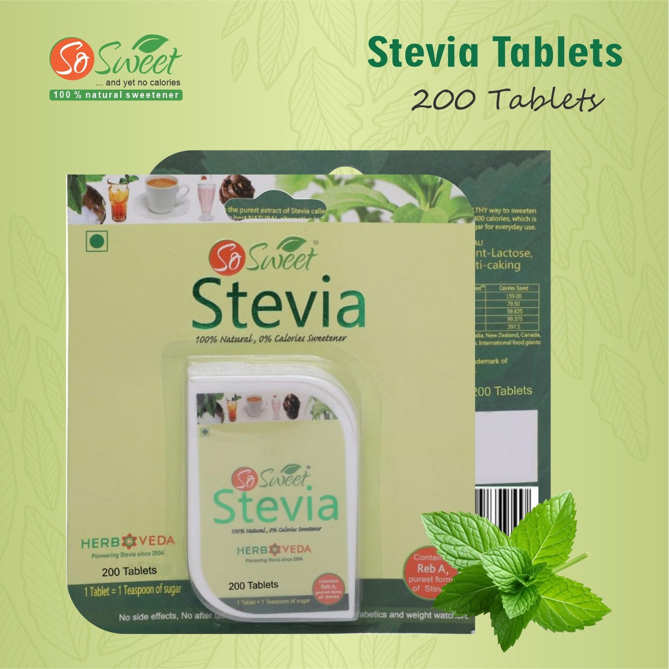  Stevia Tablet 200 Sugar Free Natural Zero Calorie Sweeneter- So Sweet