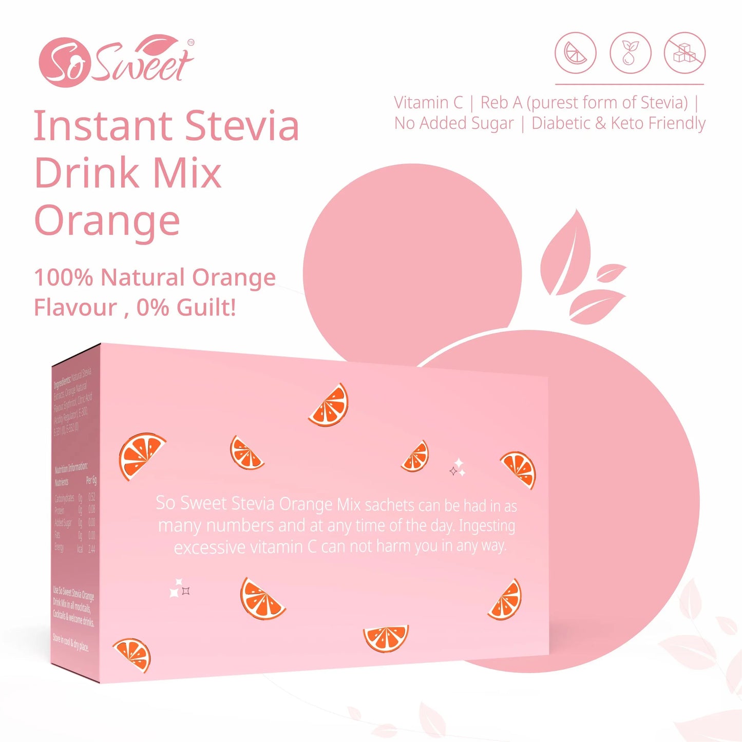 Stevia Sugar Free Instant Orange Drink mix - 12 Sachets-So Sweet 
