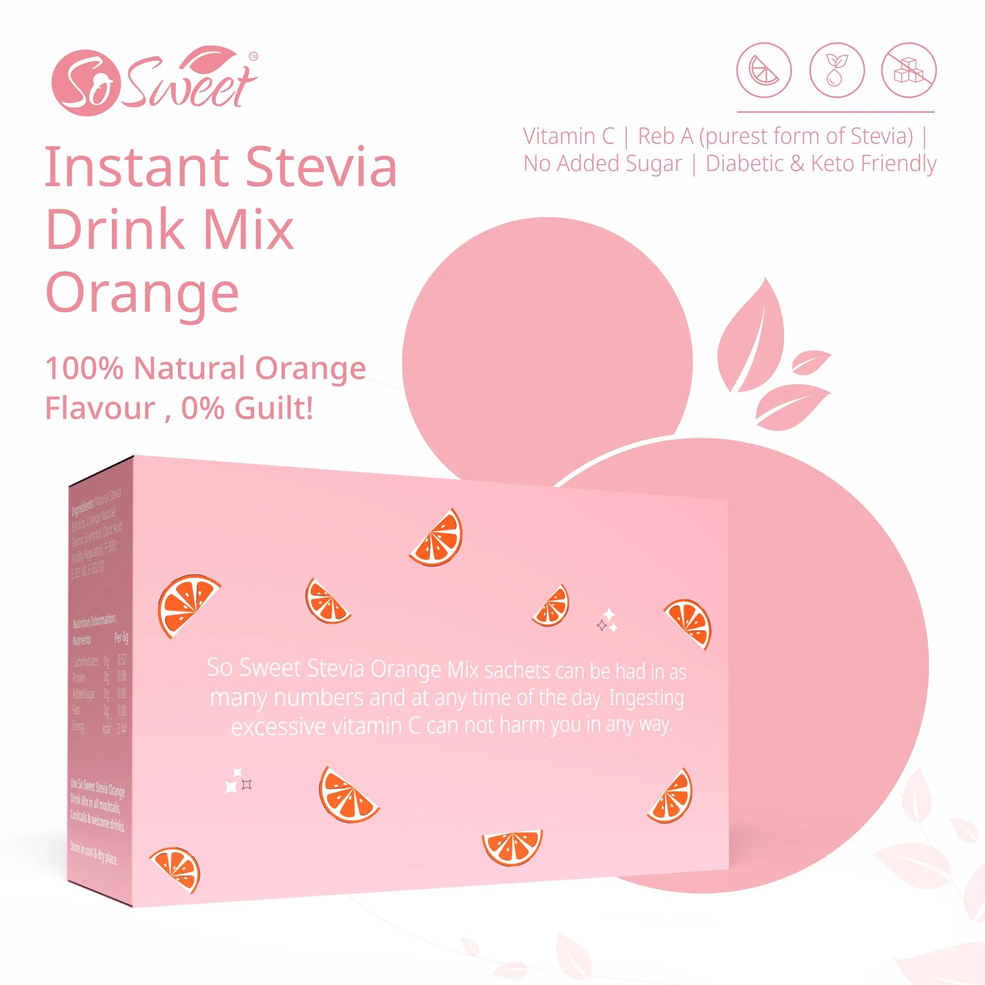 Stevia Sugar Free Instant Orange Drink mix - 12 Sachets-So Sweet 
