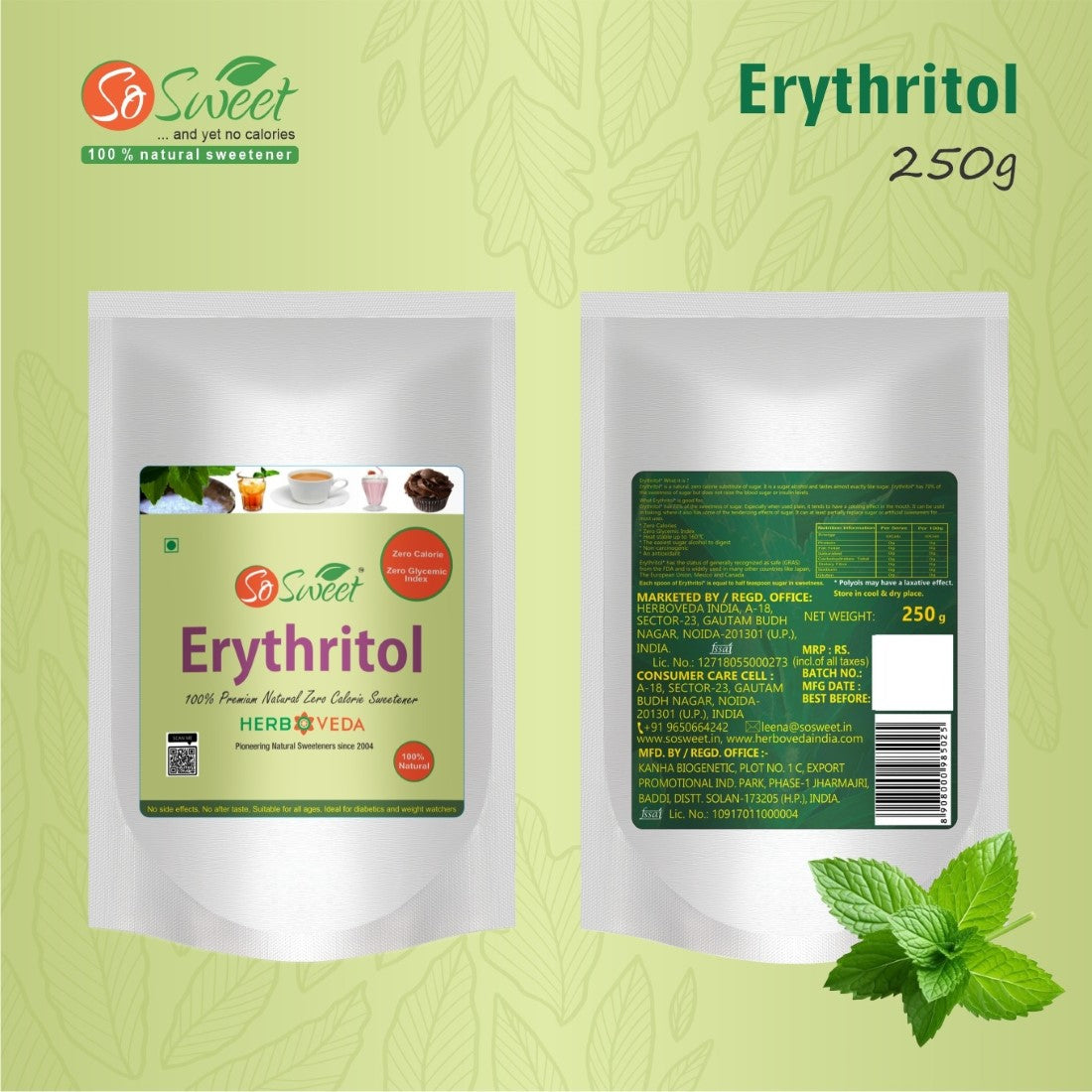 Erythritol Sugar Free Natural Zero Calorie Sweetener, 250gm - So Sweet