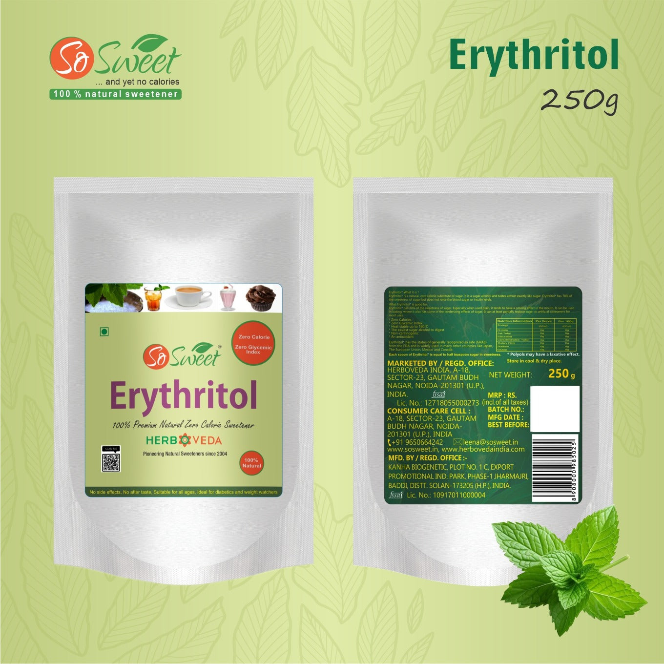 Erythritol Sugar Free Natural Zero Calorie Sweetener, 250gm - So Sweet