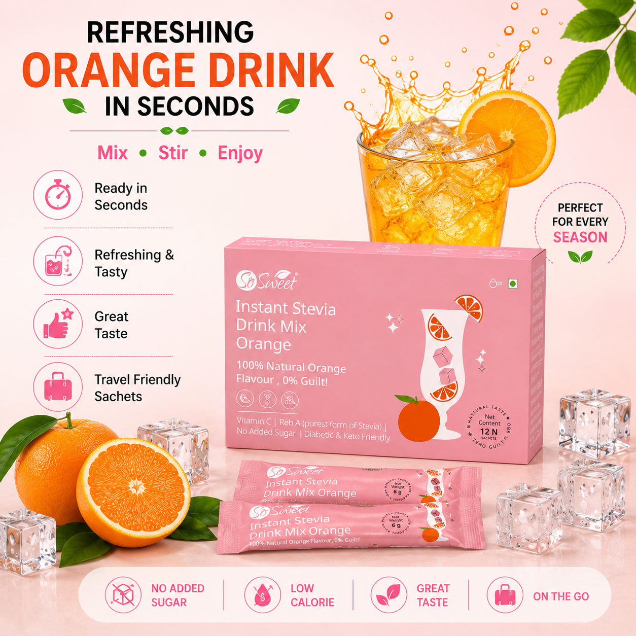 Stevia Orange Instant Drink Mix – 12 Sachets | Sugar Free Zero Calorie -So Sweet 