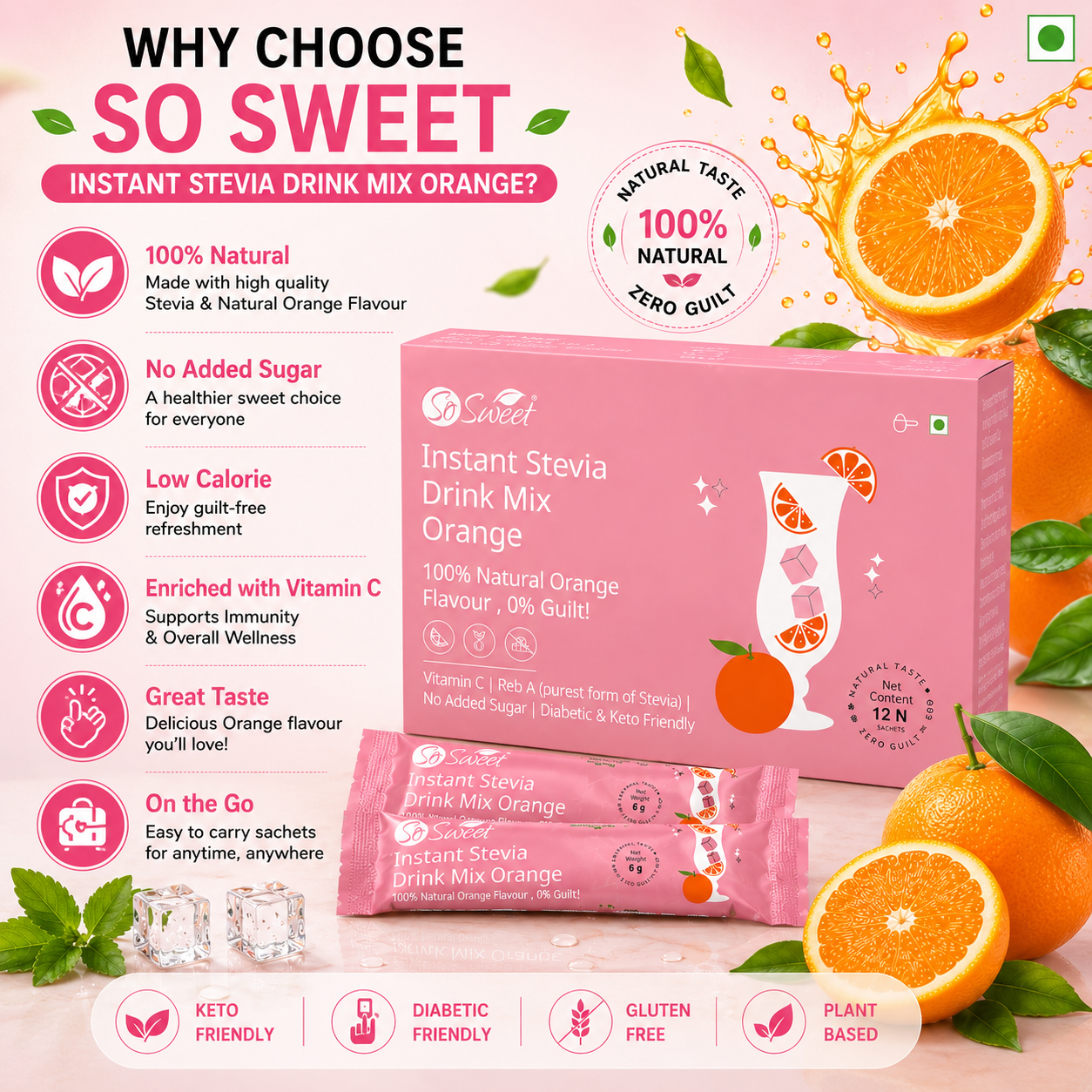 Stevia Orange Instant Drink Mix – 12 Sachets | Sugar Free Zero Calorie -So Sweet 