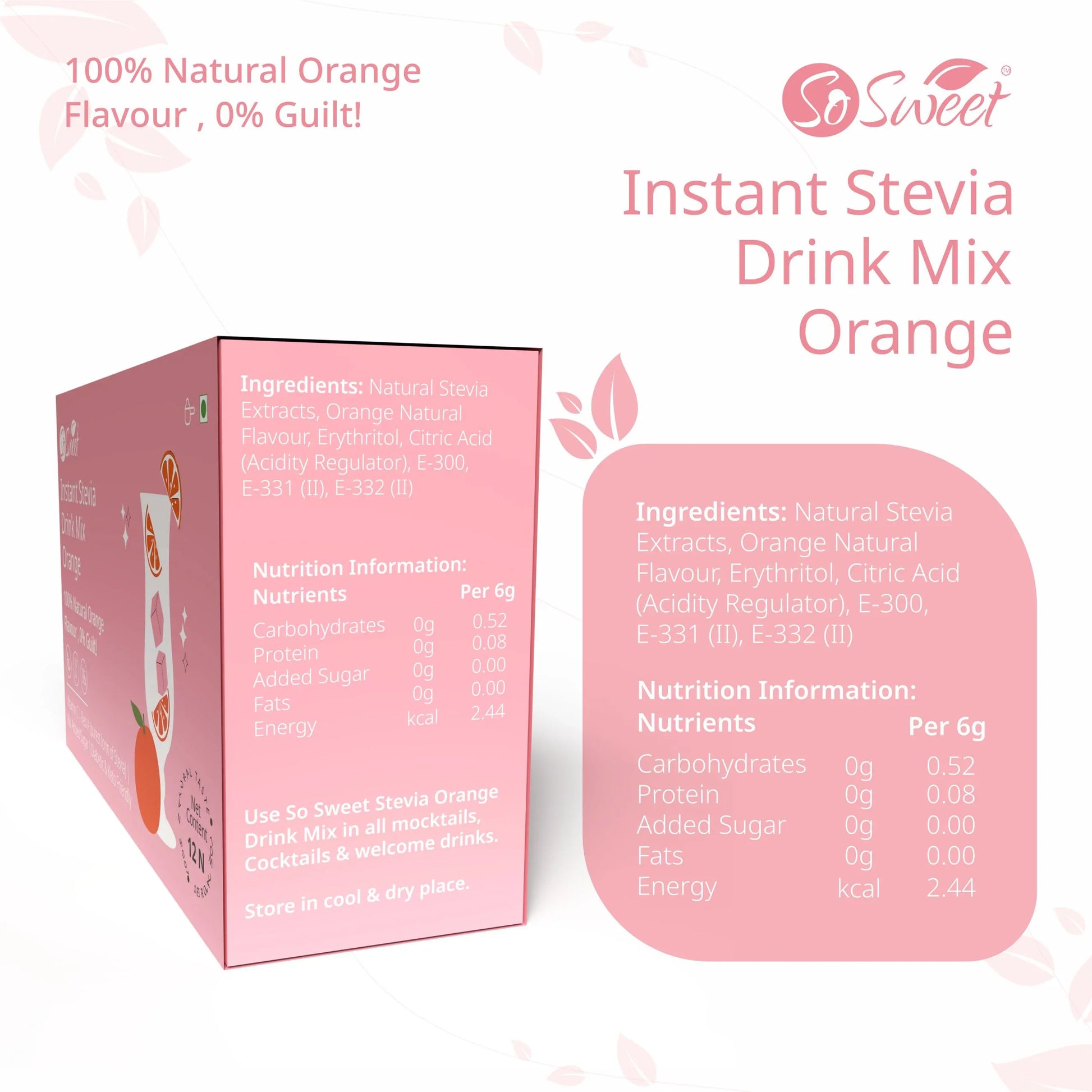Stevia Sugar Free Instant Orange Drink mix - 12 Sachets-So Sweet 
