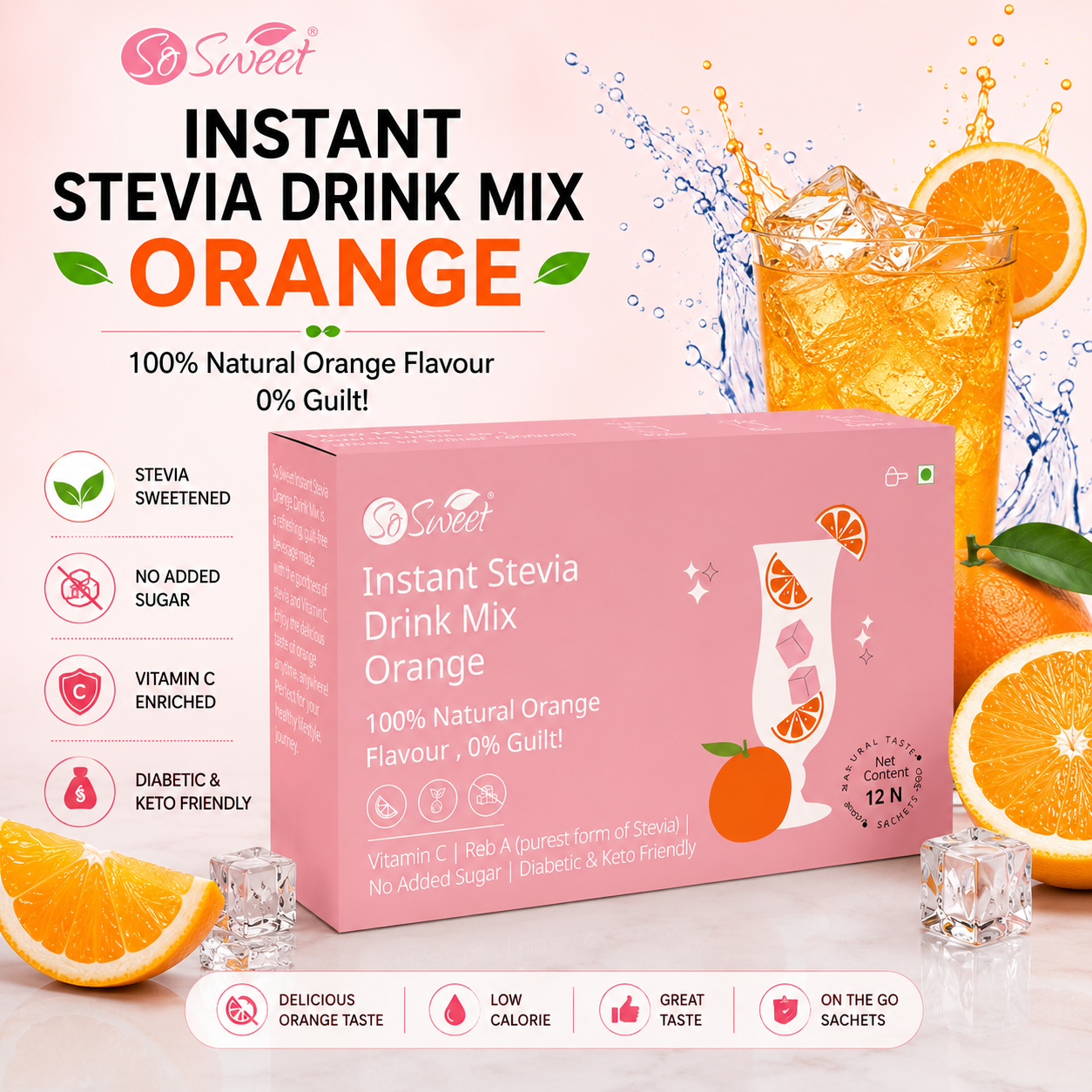 Stevia Orange Instant Drink Mix – 12 Sachets | Sugar Free Zero Calorie -So Sweet 
