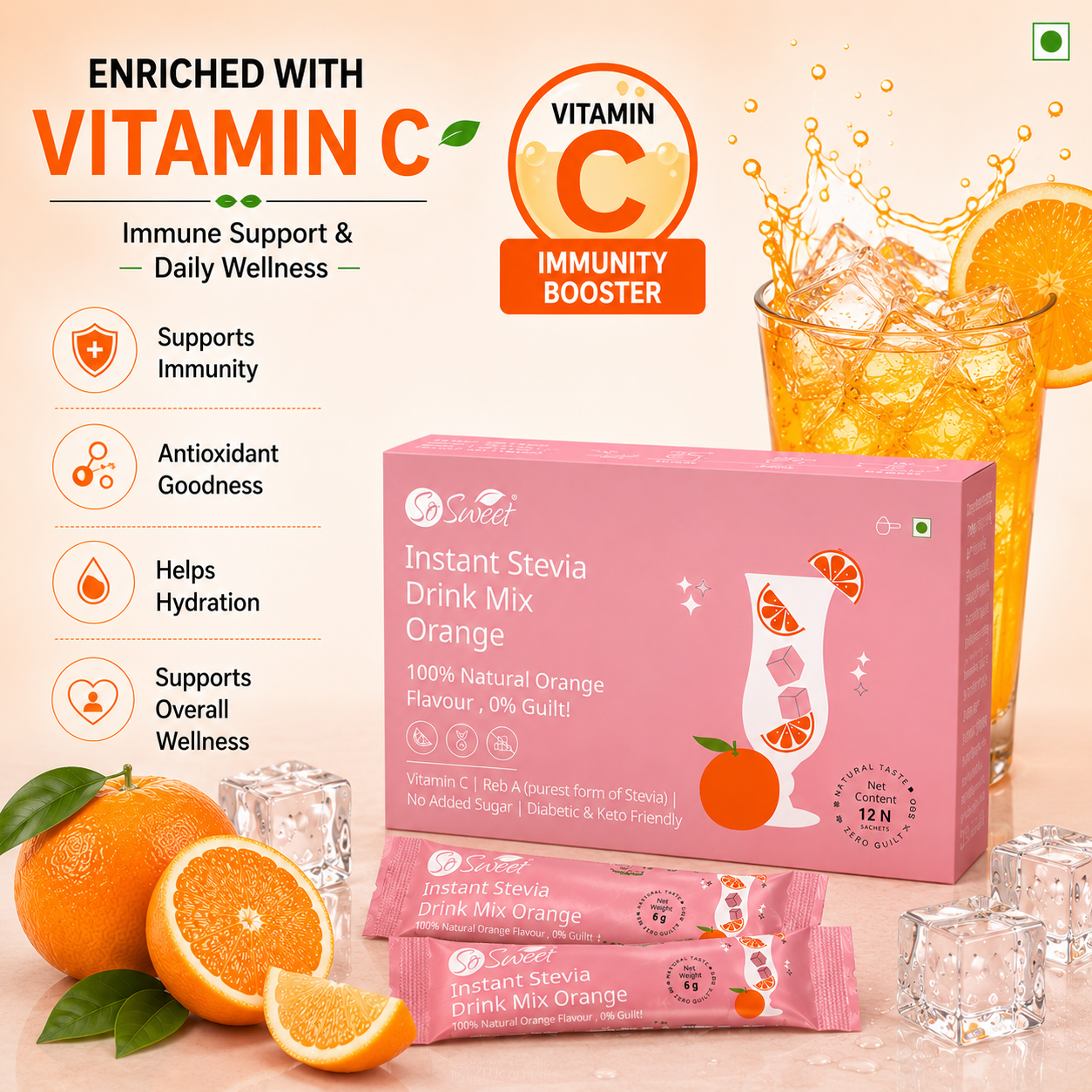 Stevia Orange Instant Drink Mix – 12 Sachets | Sugar Free Zero Calorie -So Sweet 