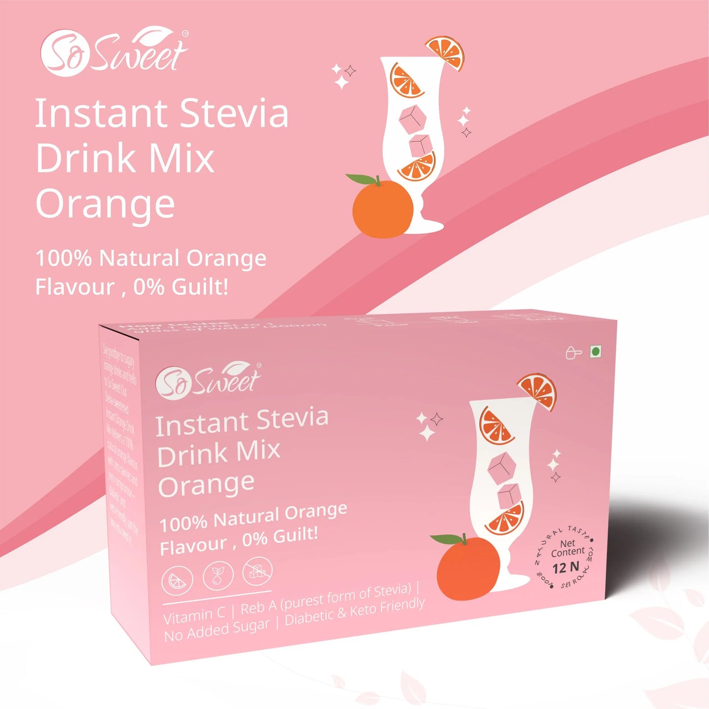 Stevia Sugar Free Instant Orange Drink mix - 12 Sachets-So Sweet 