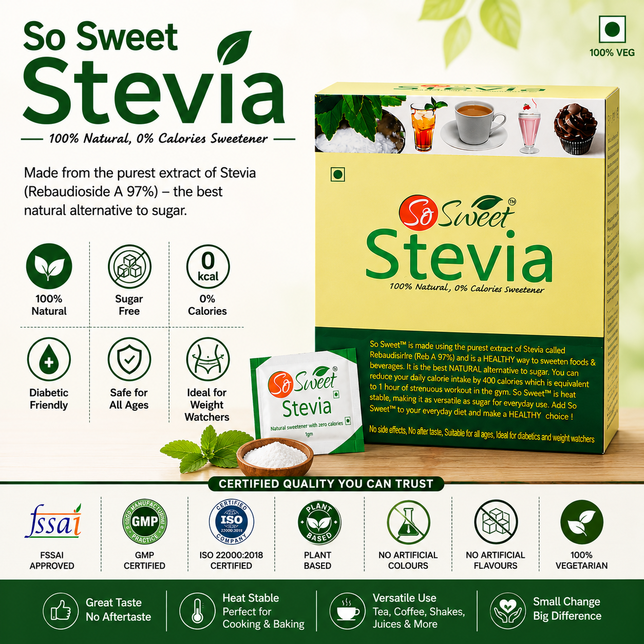  Stevia Sachets Sachets | Zero Calorie Natural Sugar Free Sweetener-So Sweet 