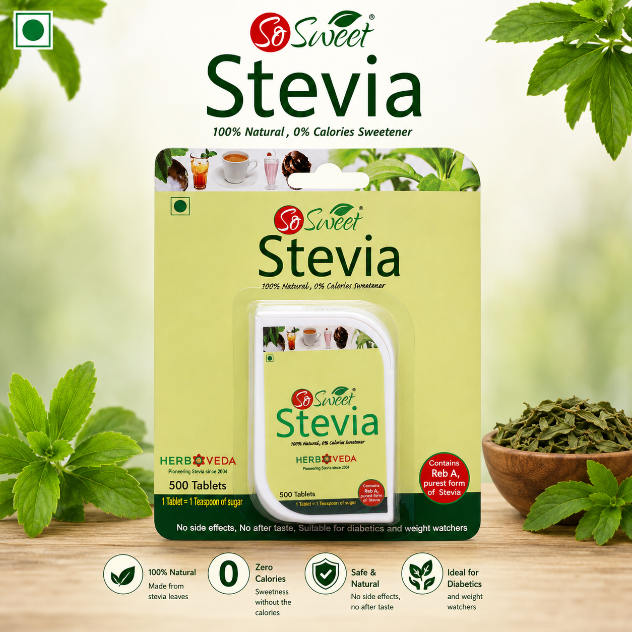  Stevia Tablets 100 – Natural Zero Calorie Sugar Free Sweetener -So Sweet

