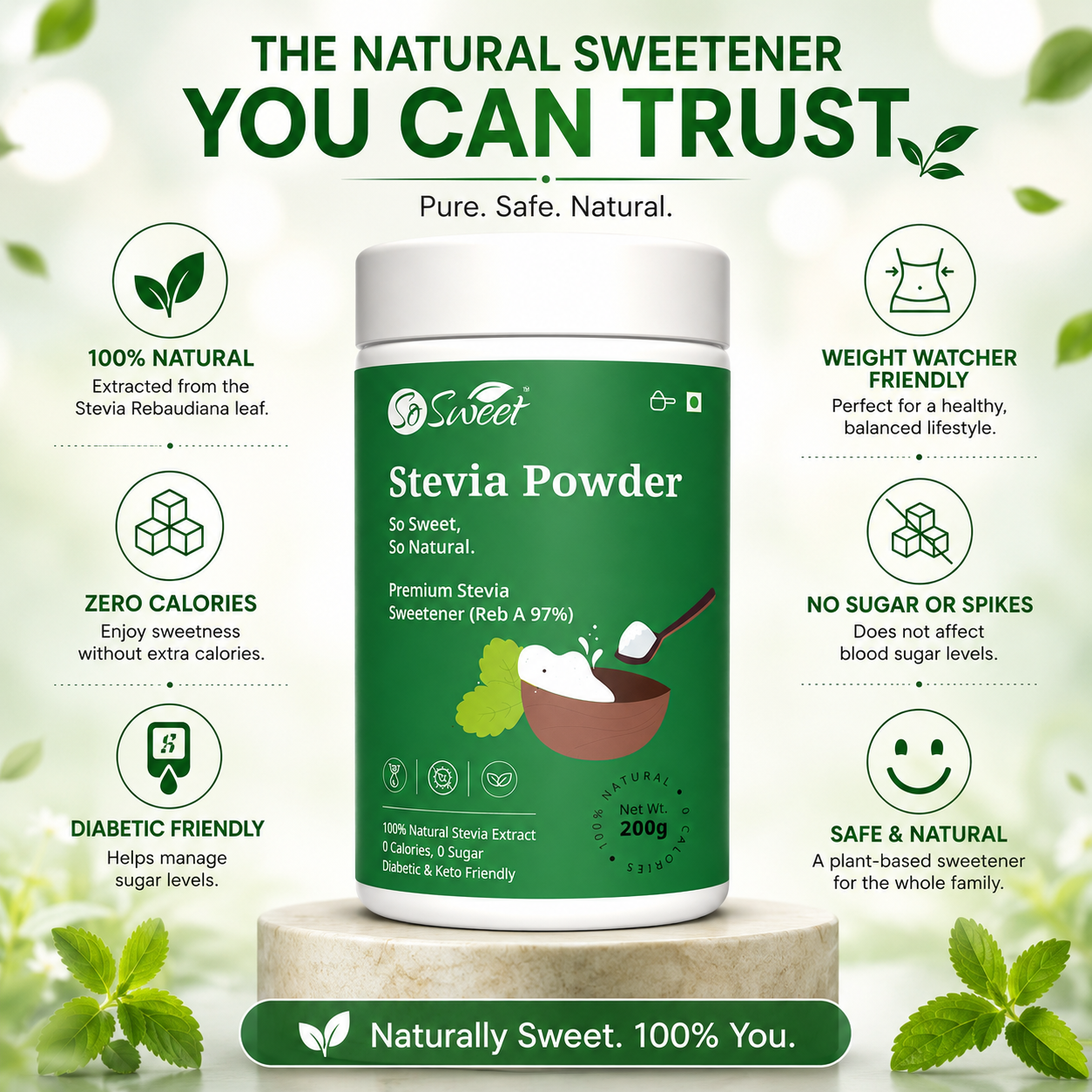 So Sweet Stevia Powder 200gm – Zero Calorie Natural Sweetener | Keto & Diabetic Friendly