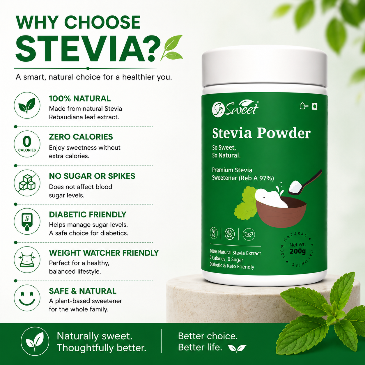So Sweet Stevia Powder 200gm – Zero Calorie Natural Sweetener | Keto & Diabetic Friendly