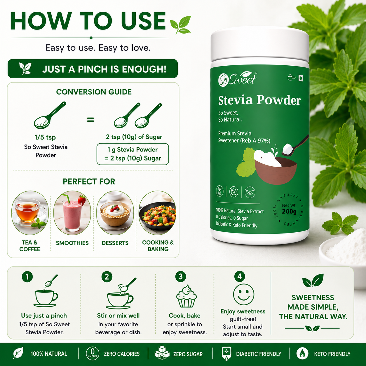 So Sweet Stevia Powder 200gm – Zero Calorie Natural Sweetener | Keto & Diabetic Friendly