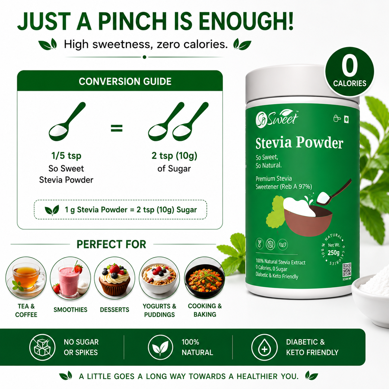 So Sweet Stevia Powder 250gm – Zero Calorie Natural Sugar Free Sweetener