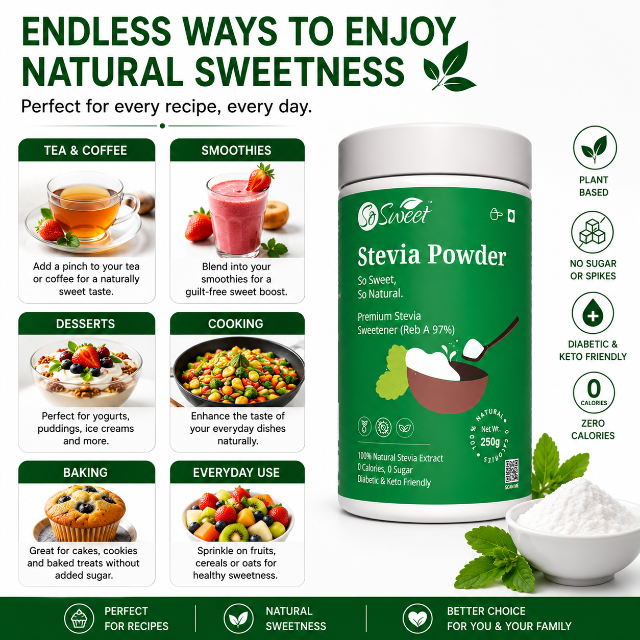 Stevia Powder  Sugar Free Natural Sweetener | Diabetic Friendly