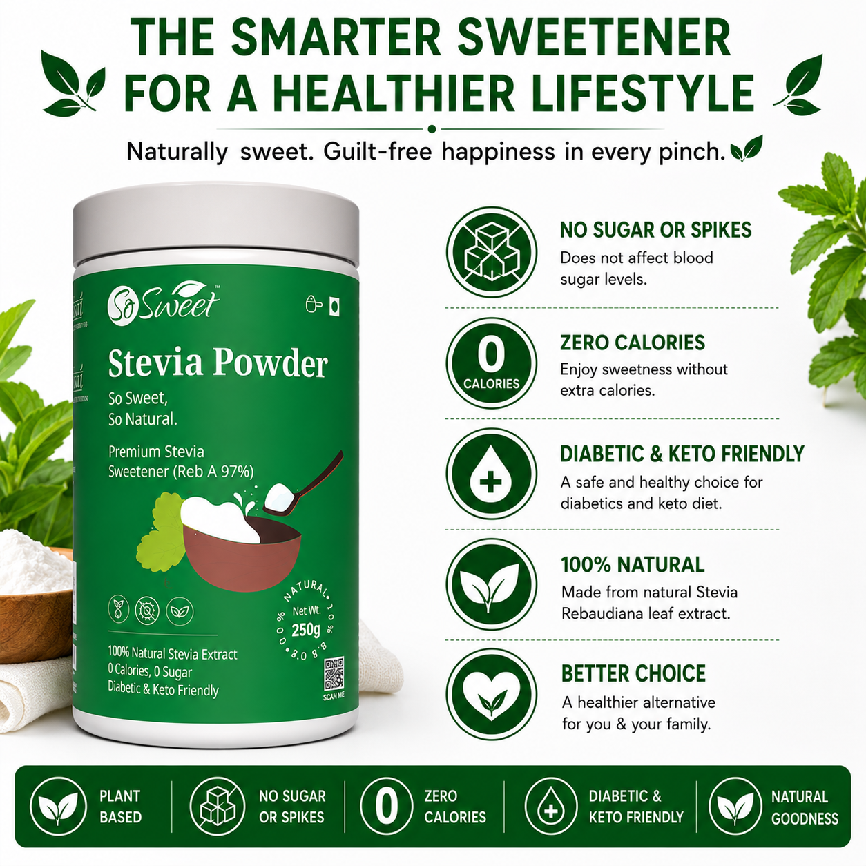 So Sweet Stevia Powder 250gm – Zero Calorie Natural Sugar Free Sweetener