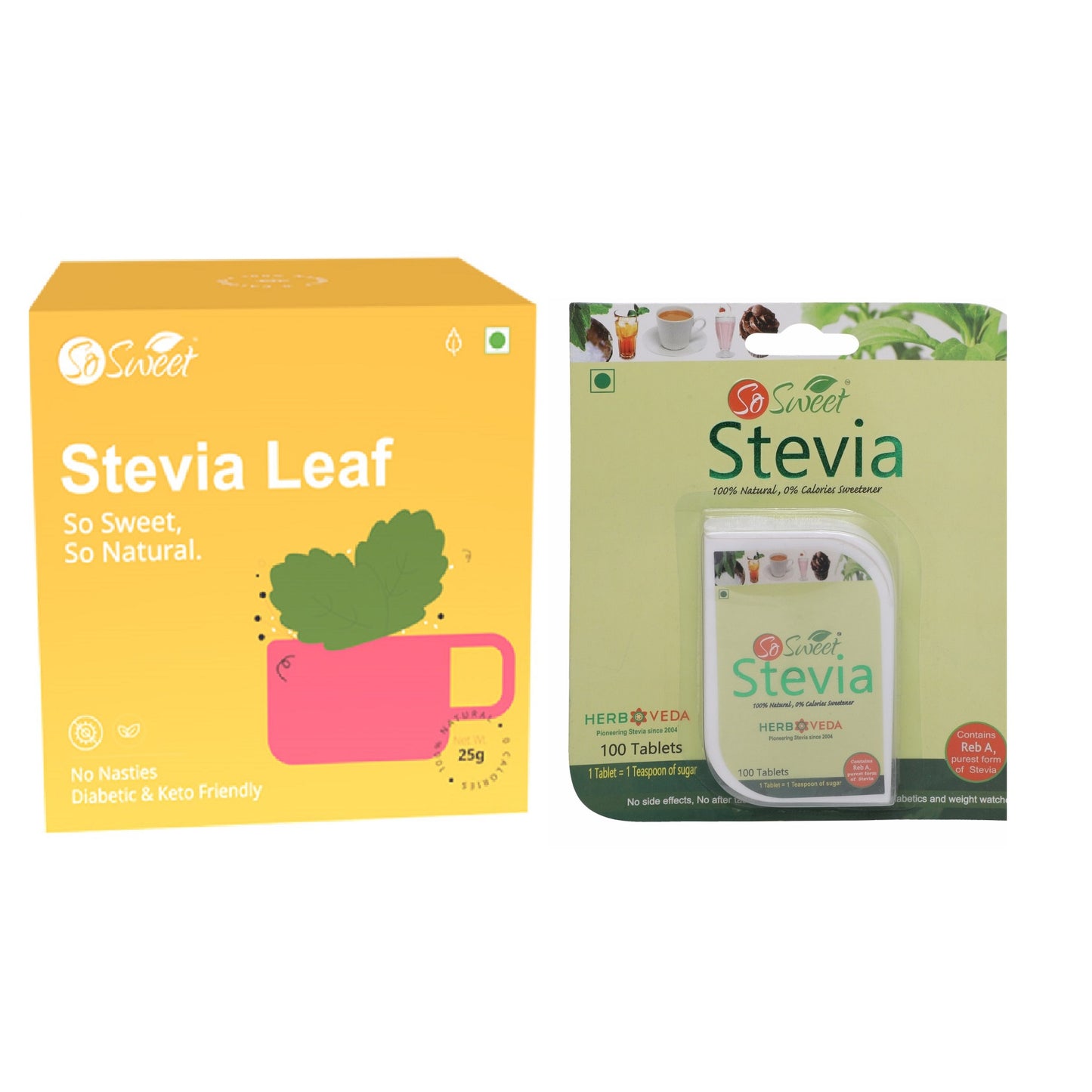  Stevia 100 Tablets and Stevia 25gm Leaf Natural Zero Calorie Sweetener (Pack of 2) -So Sweet 

