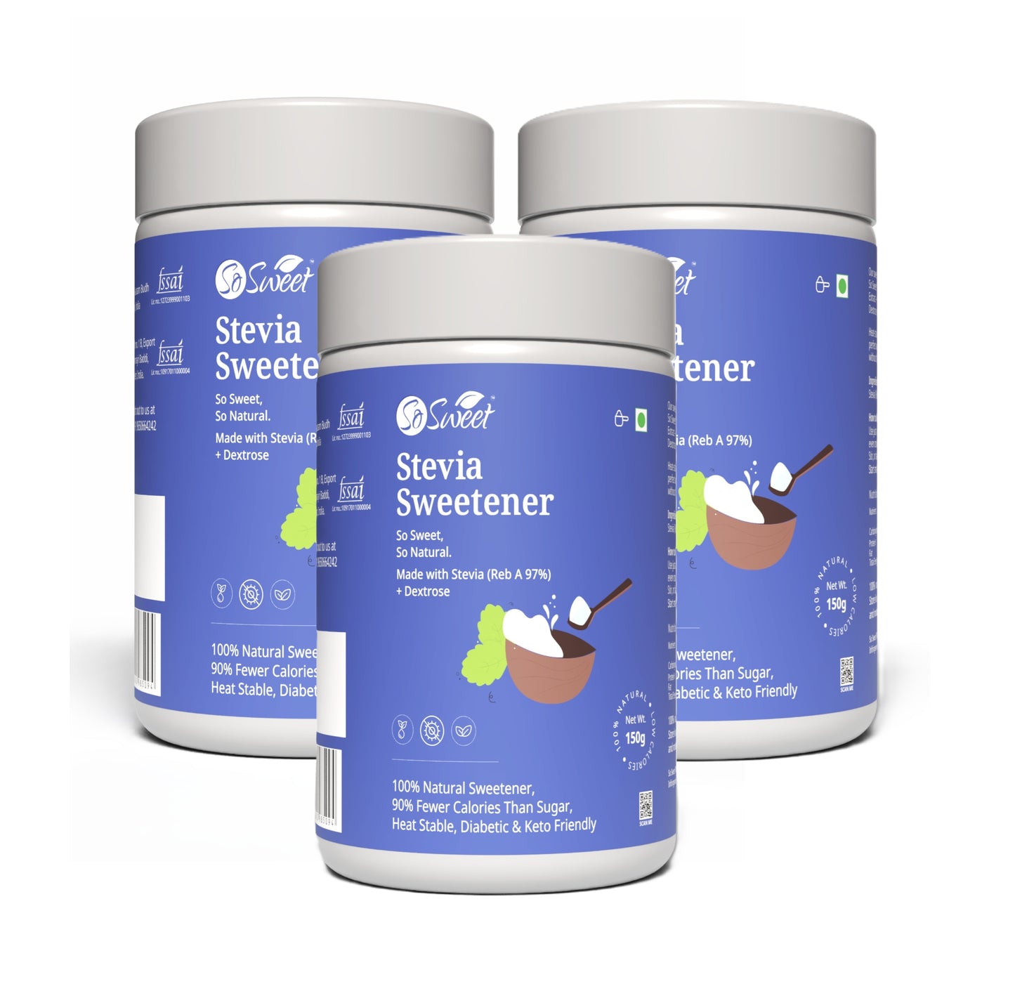 Stevia Sugar Free Sweetener 150gm |-Pack of 3   I Best Diabetes Sugar Alternatives-So Sweet
