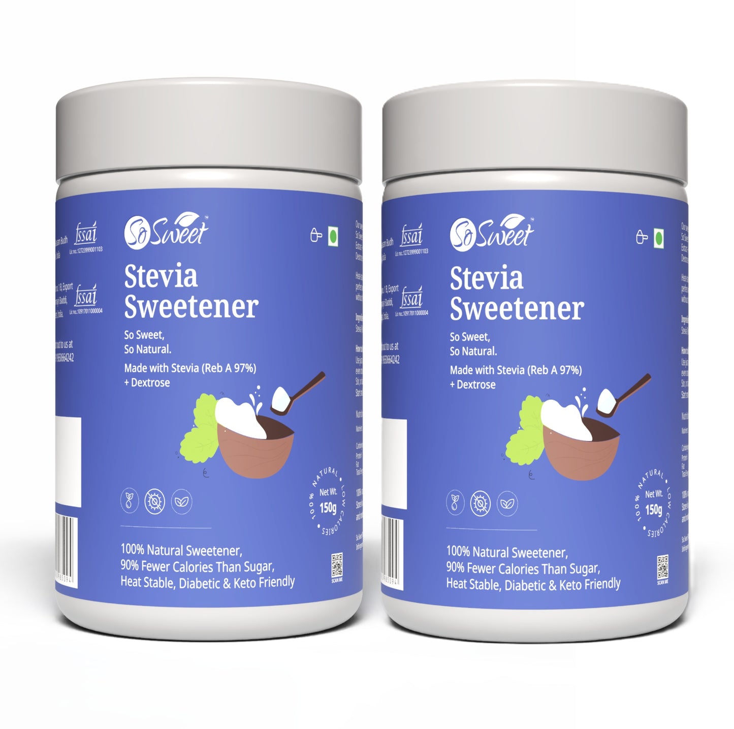Stevia Sugar Free Sweetener 150gm |-Pack of  2 I Best Diabetes Sugar Alternatives-So Sweet
